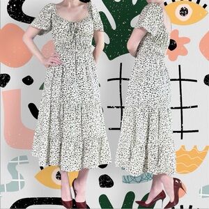 Hint of Blush | Ivory and White Floral Print Gathered Waist Midi Dress